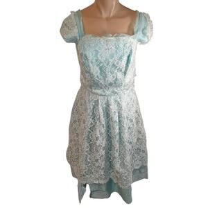 Vintage 80s Junior Vogue Aqua Lace Party Formal Dress Retro Flare Fit 12/14 READ